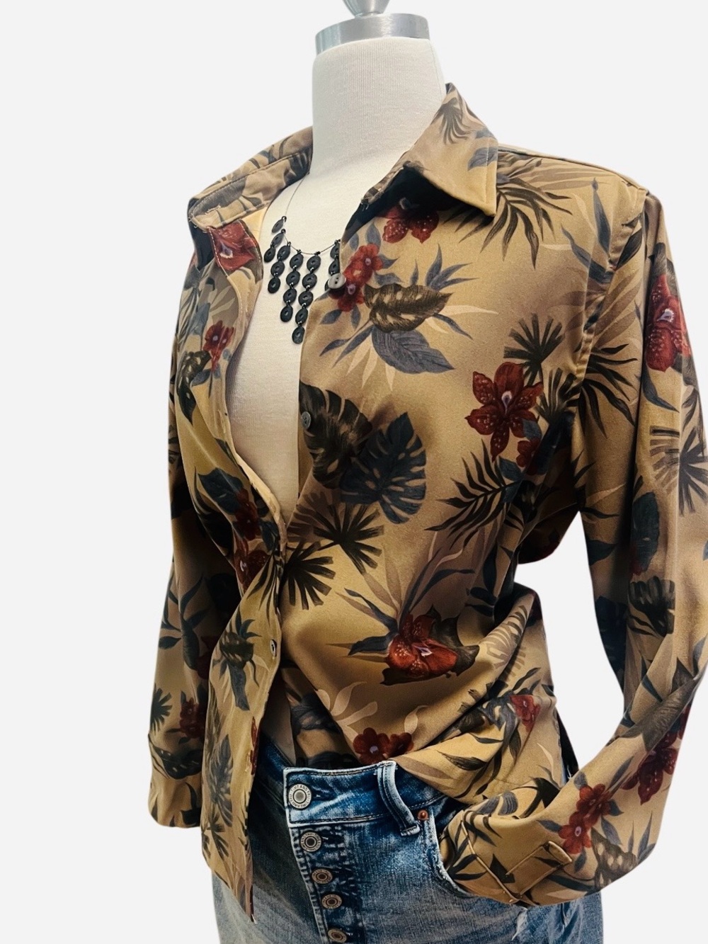 Caribbean Joe Olive Green Tan Floral Button-Down Shirt - Picture 4 of 8
